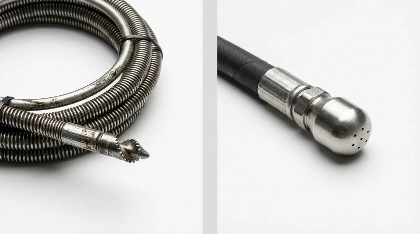 Drain snake cable and hydro jetting nozzle used for drain cleaning in Hudson, MA