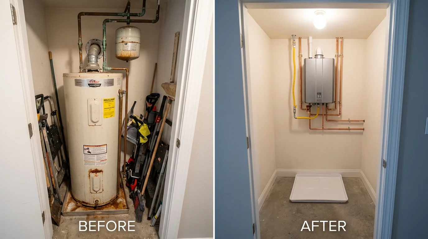Tank water heater versus wall-mounted tankless unit comparison for Hudson, MA homeowners