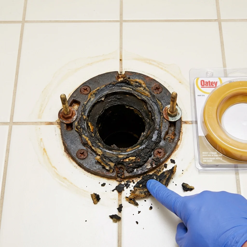 Failed wax ring showing water seepage at the base of a toilet in a Hudson, MA home
