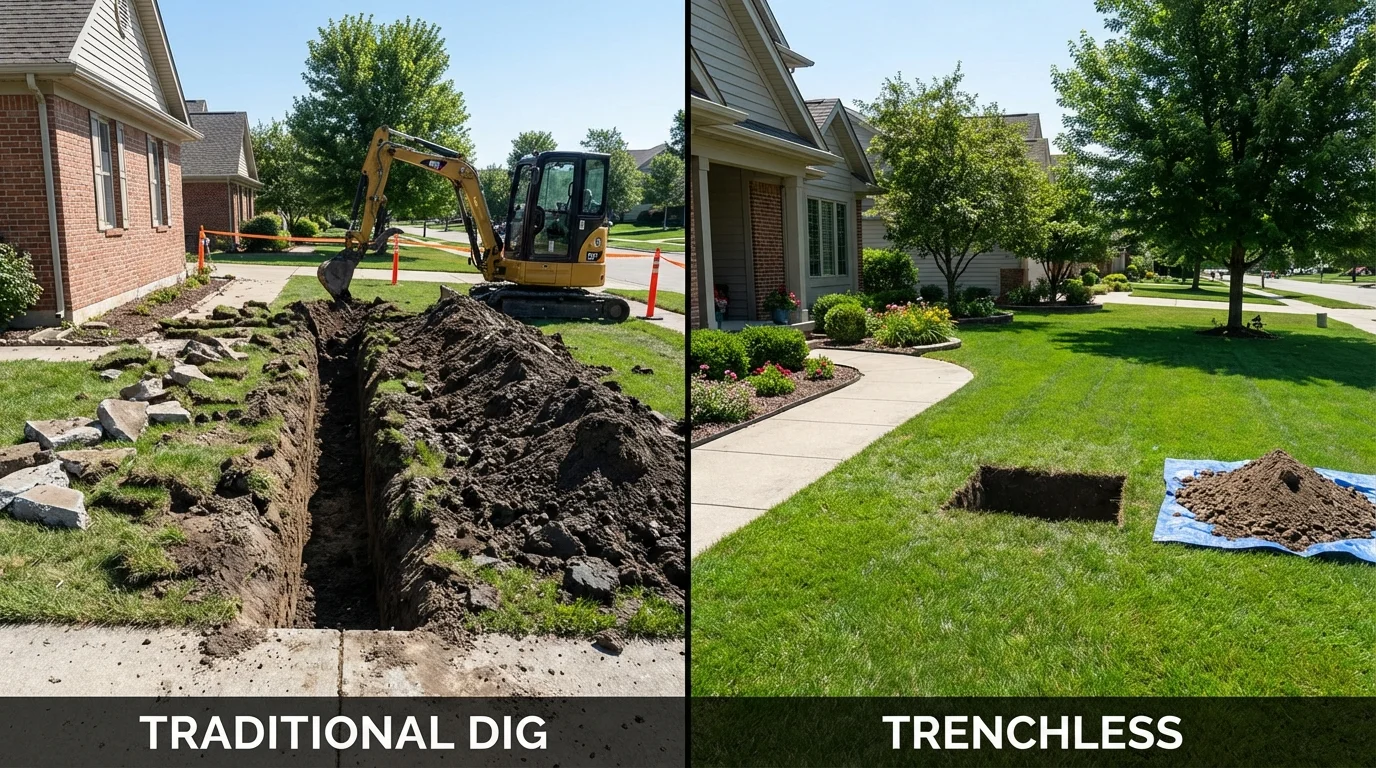 Trenchless sewer repair with minimal yard damage versus traditional excavation in Hudson, MA